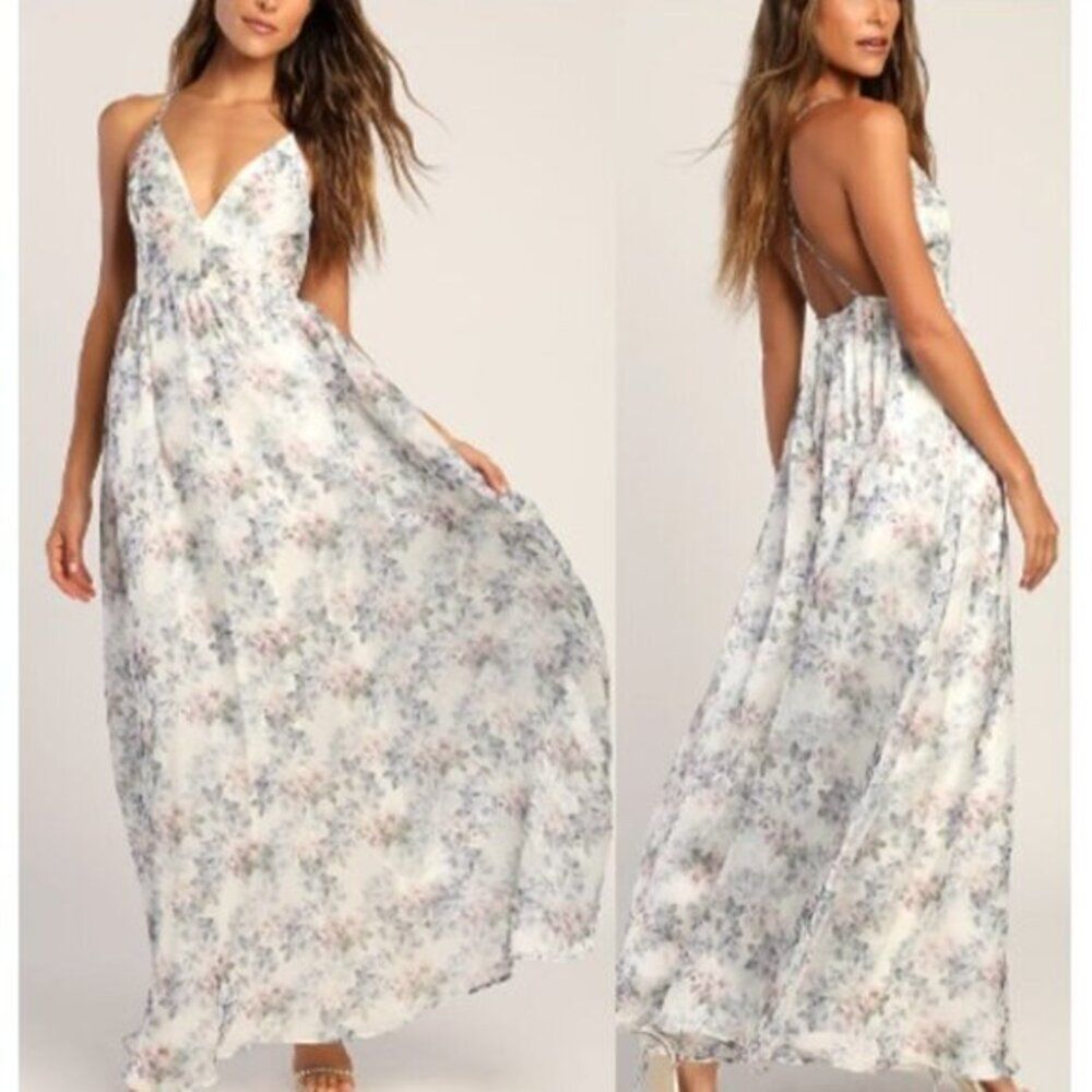Lulus Women's Ivory Floral Print Sleeveless Maxi Dress Medium NEW